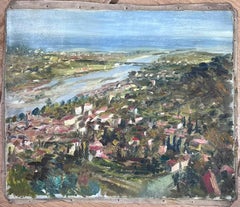 1950s French Post Impressionist Signed Provencal Village Wide View Coast Line