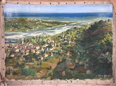 1950s French Post Impressionist Signed Provencal Village Wide View Coast Line