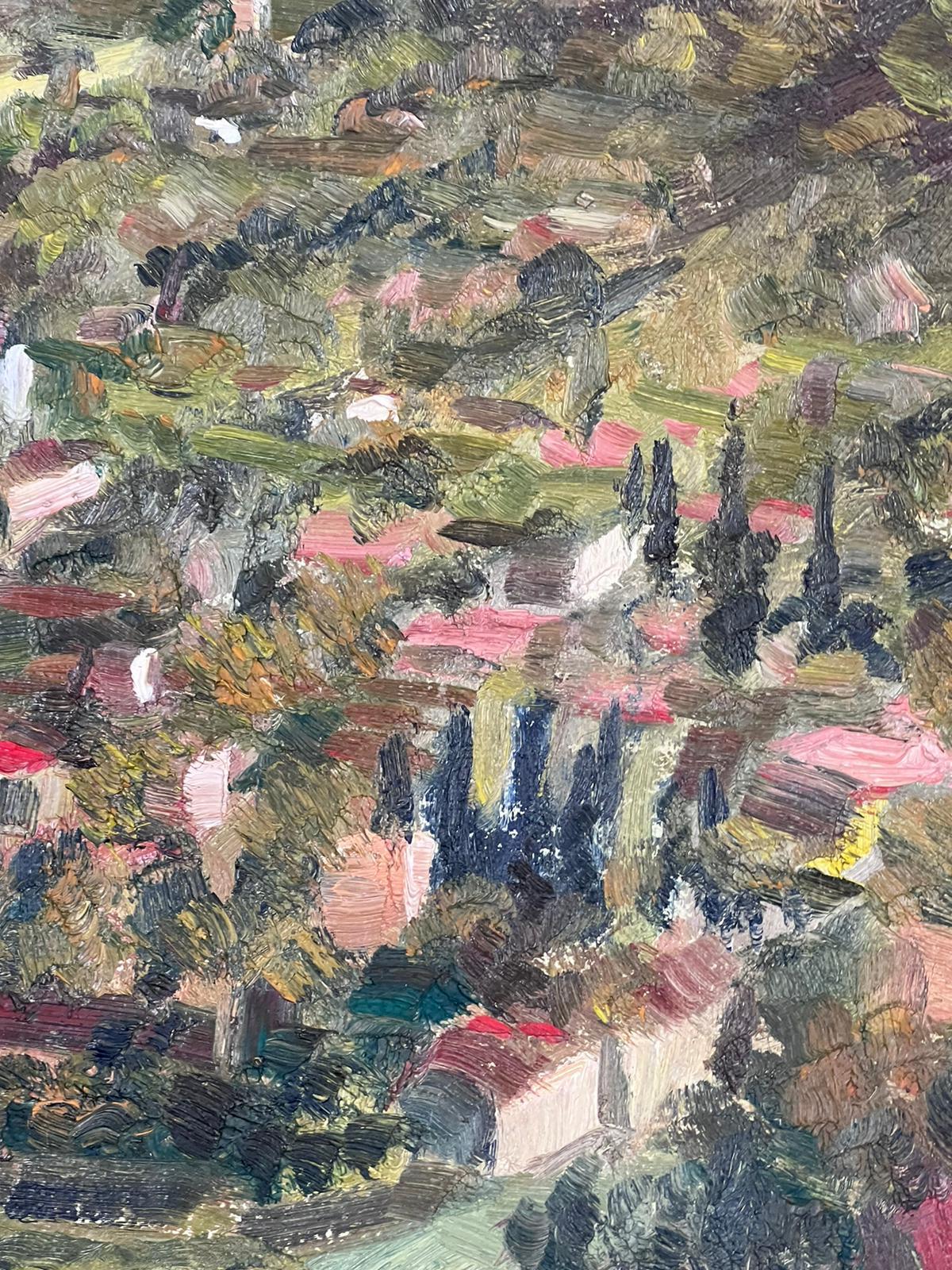 1950s French Post Impressionist Signed Provencal Village Wide View Coast Line - Impressionnisme Painting par Josine Vignon