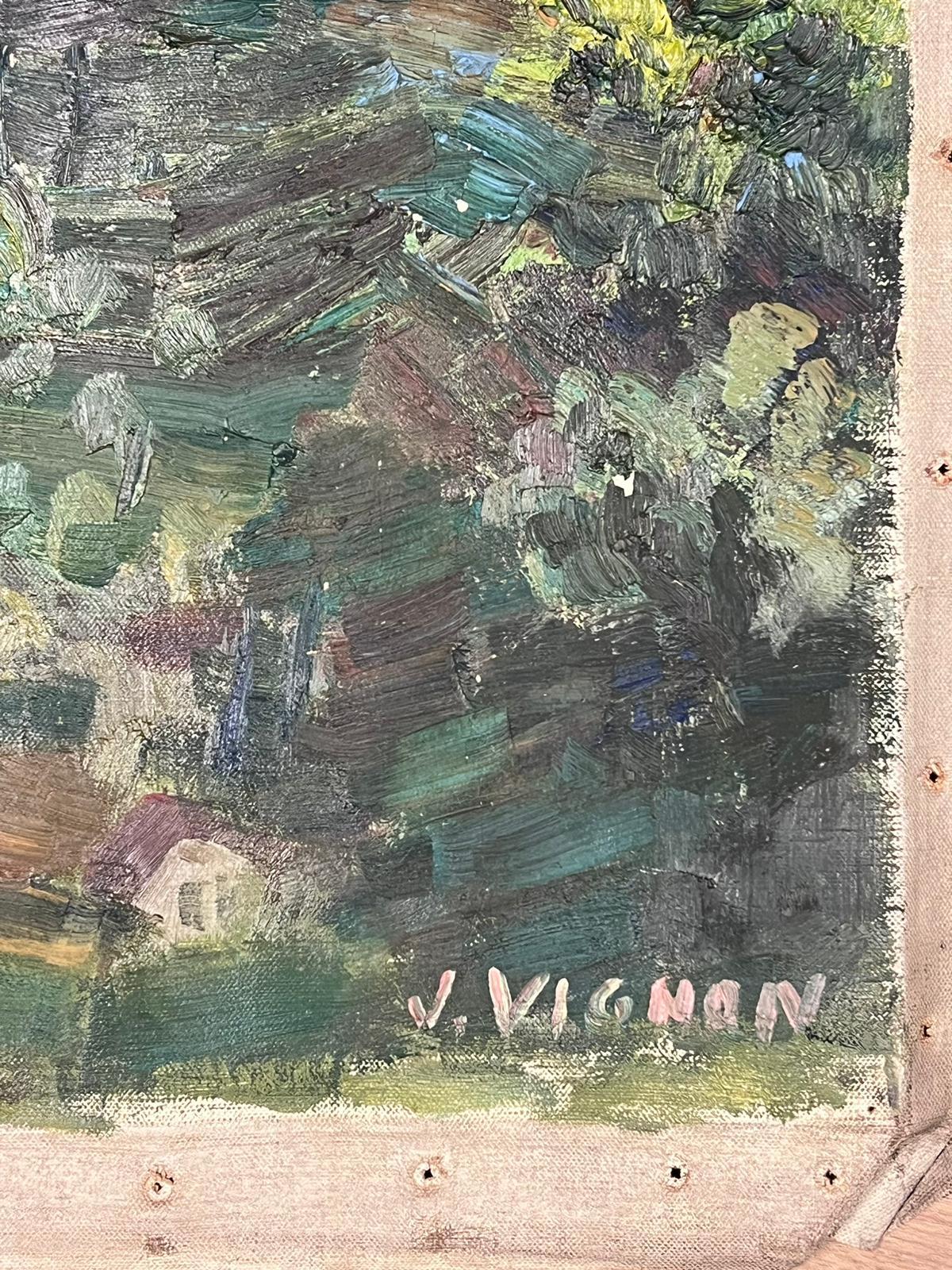 1950s French Post Impressionist Signed Provencal Village Wide View Coast Line  - Impressionnisme Painting par Josine Vignon