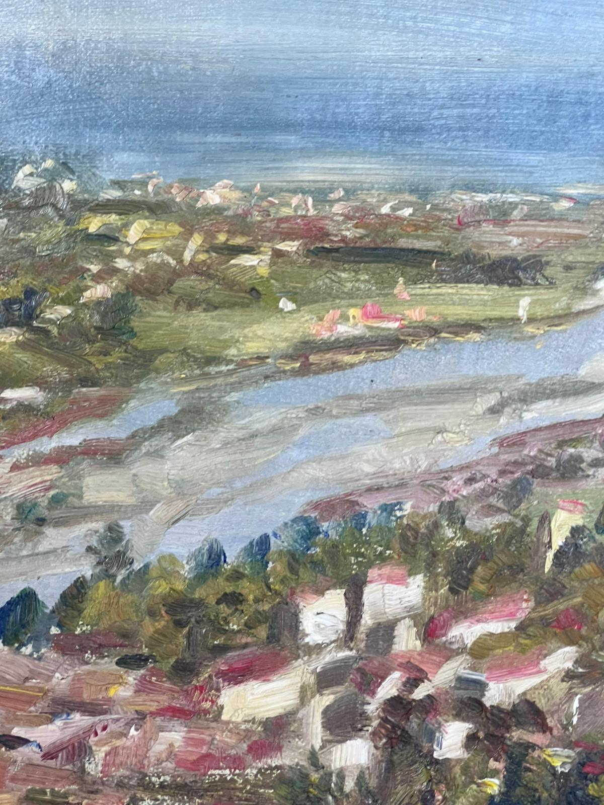 1950s French Post Impressionist Signed Provencal Village Wide View Coast Line en vente 1