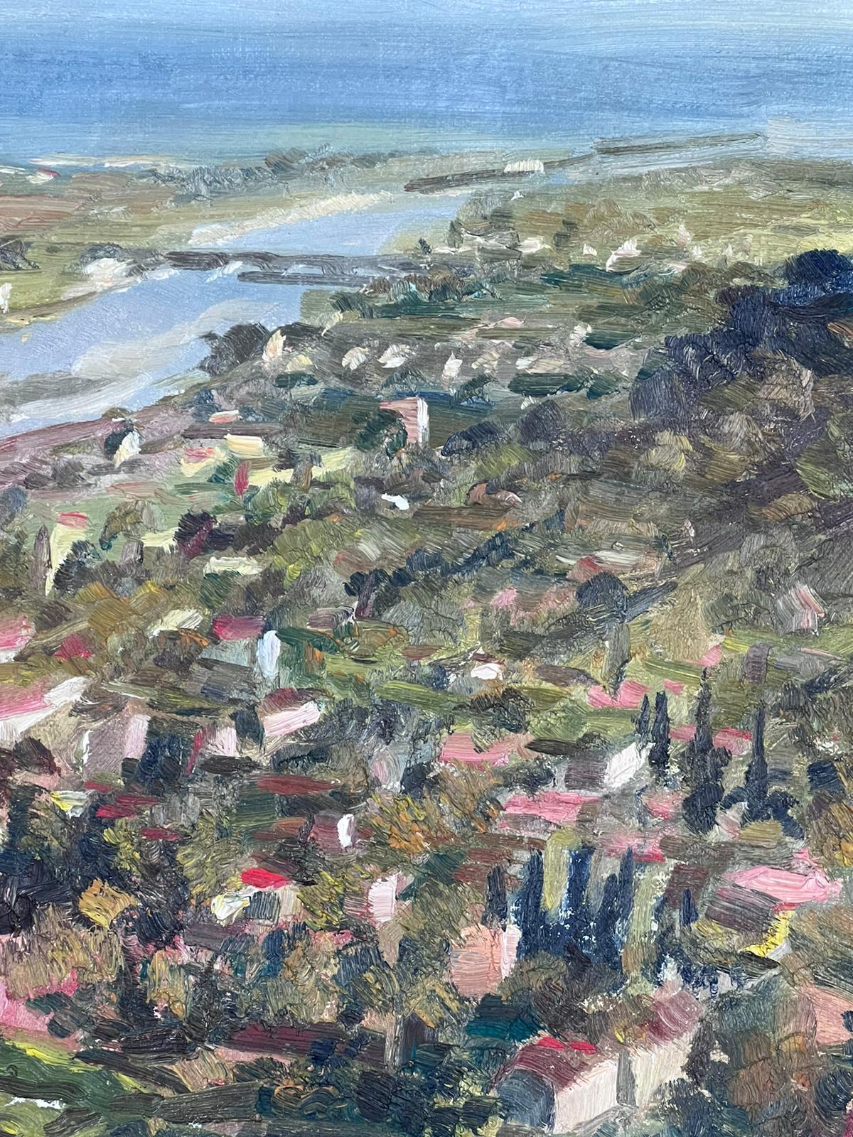 1950s French Post Impressionist Signed Provencal Village Wide View Coast Line en vente 2