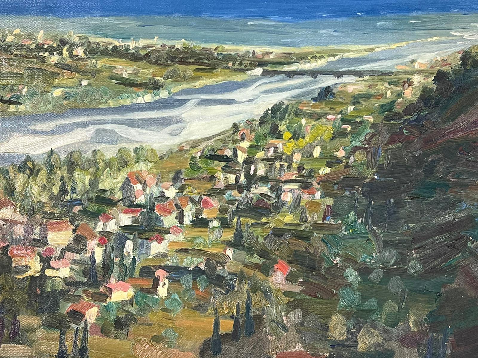1950s French Post Impressionist Signed Provencal Village Wide View Coast Line  For Sale 2