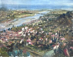 1950s French Post Impressionist Signed Provencal Village Wide View Coast Line