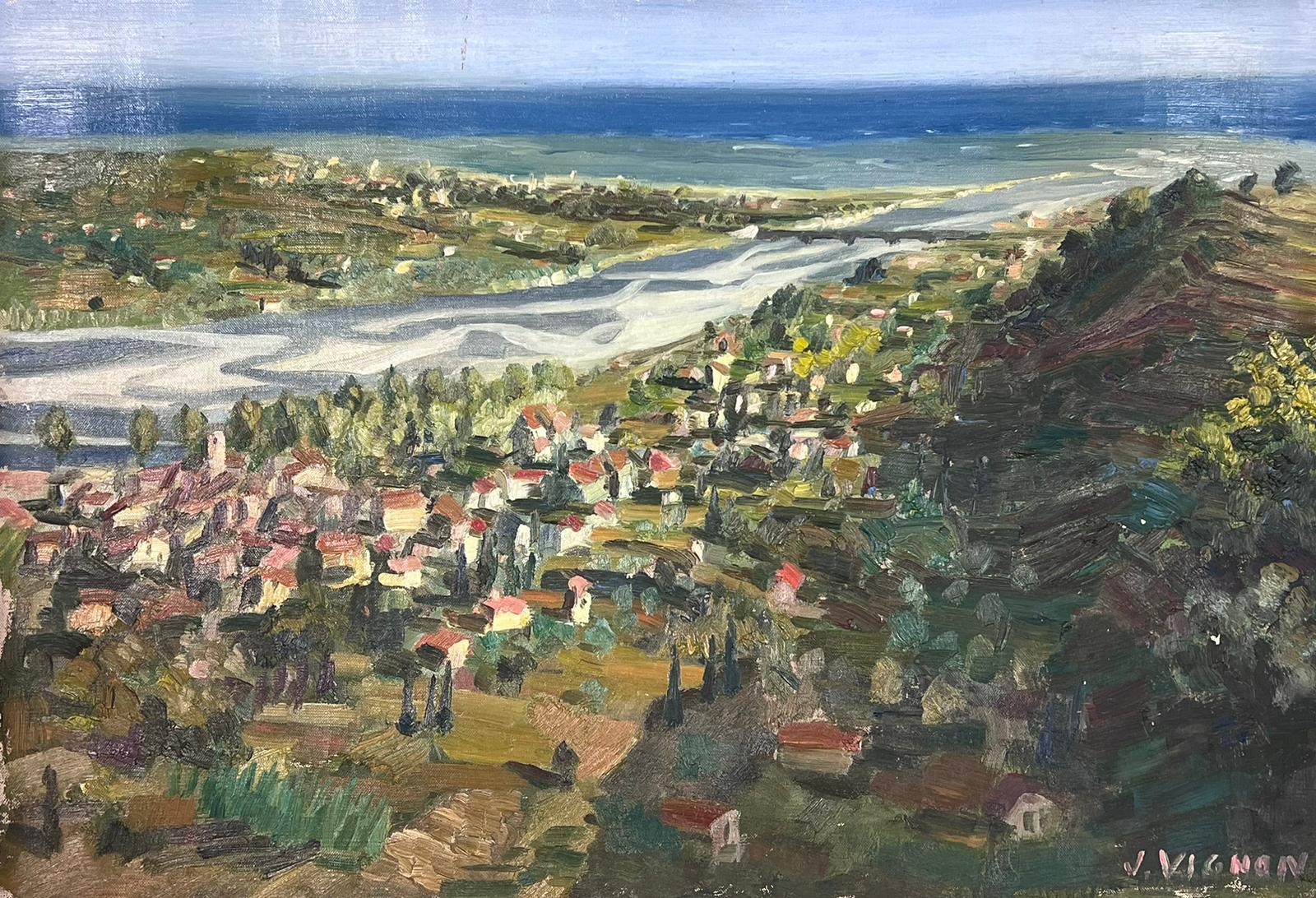 Josine Vignon Landscape Painting - 1950s French Post Impressionist Signed Provencal Village Wide View Coast Line 