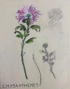 Vintage 1950s French Post Impressionist Watercolor Painting Pink Chrysanthemum Flowers