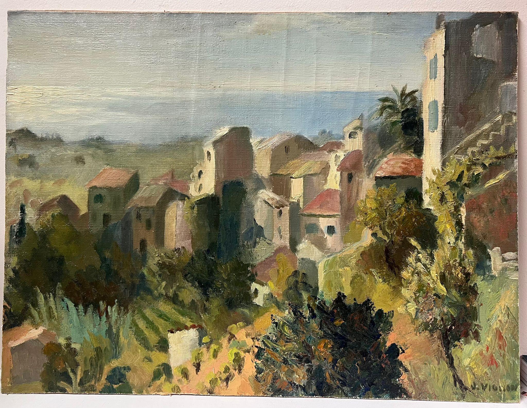 Peinture à l'huile française signée des années 1950 Toits rouges sur la Côte d'Azur Sud de la France - Painting de Josine Vignon