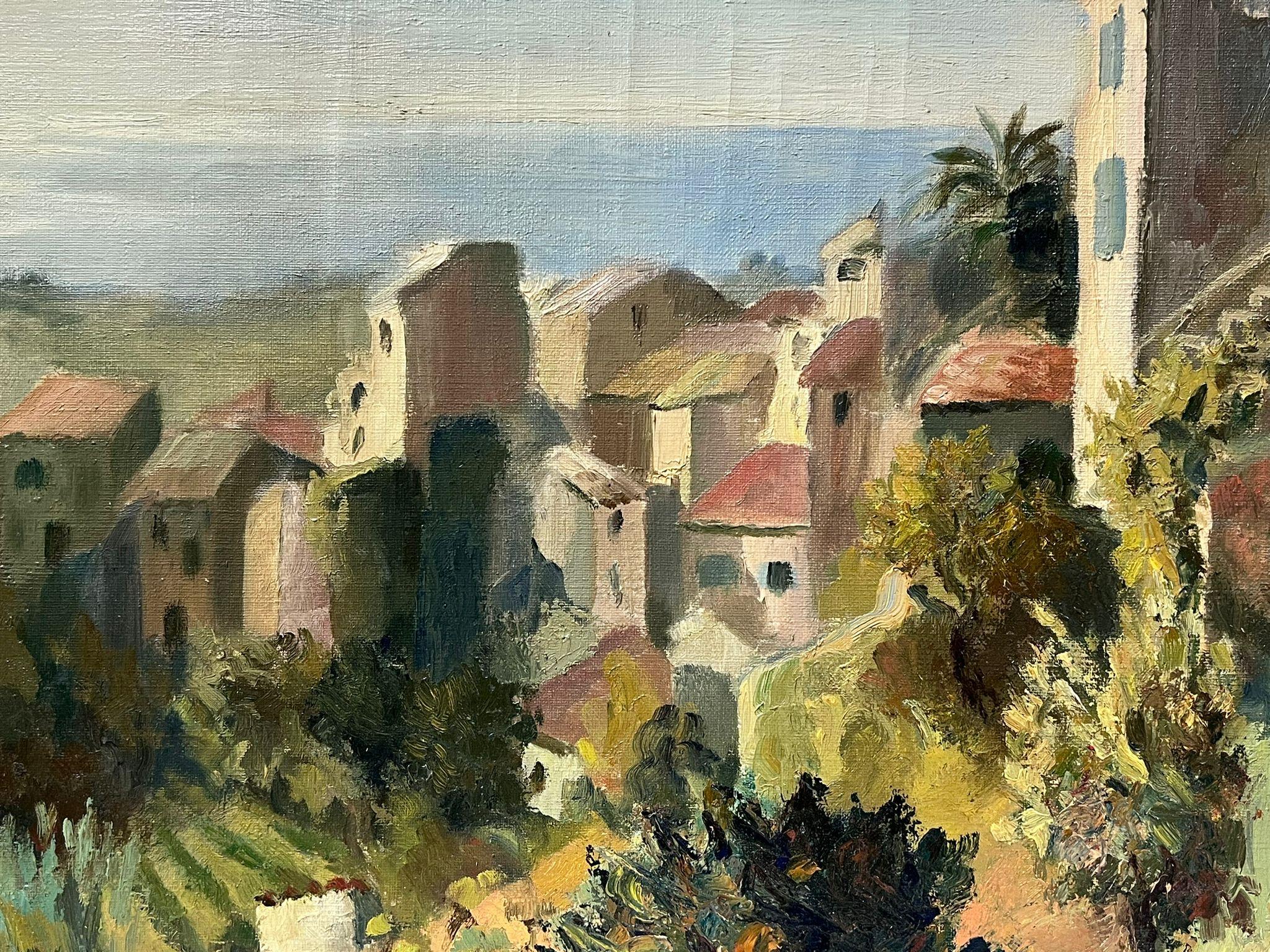 Peinture à l'huile française signée des années 1950 Toits rouges sur la Côte d'Azur Sud de la France - Post-impressionnisme Painting par Josine Vignon