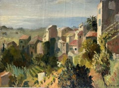 Peinture à l'huile française signée des années 1950 Toits rouges sur la Côte d'Azur Sud de la France