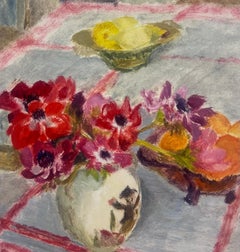 1950s French Still Life Peonies In Vase Interior Table Scene