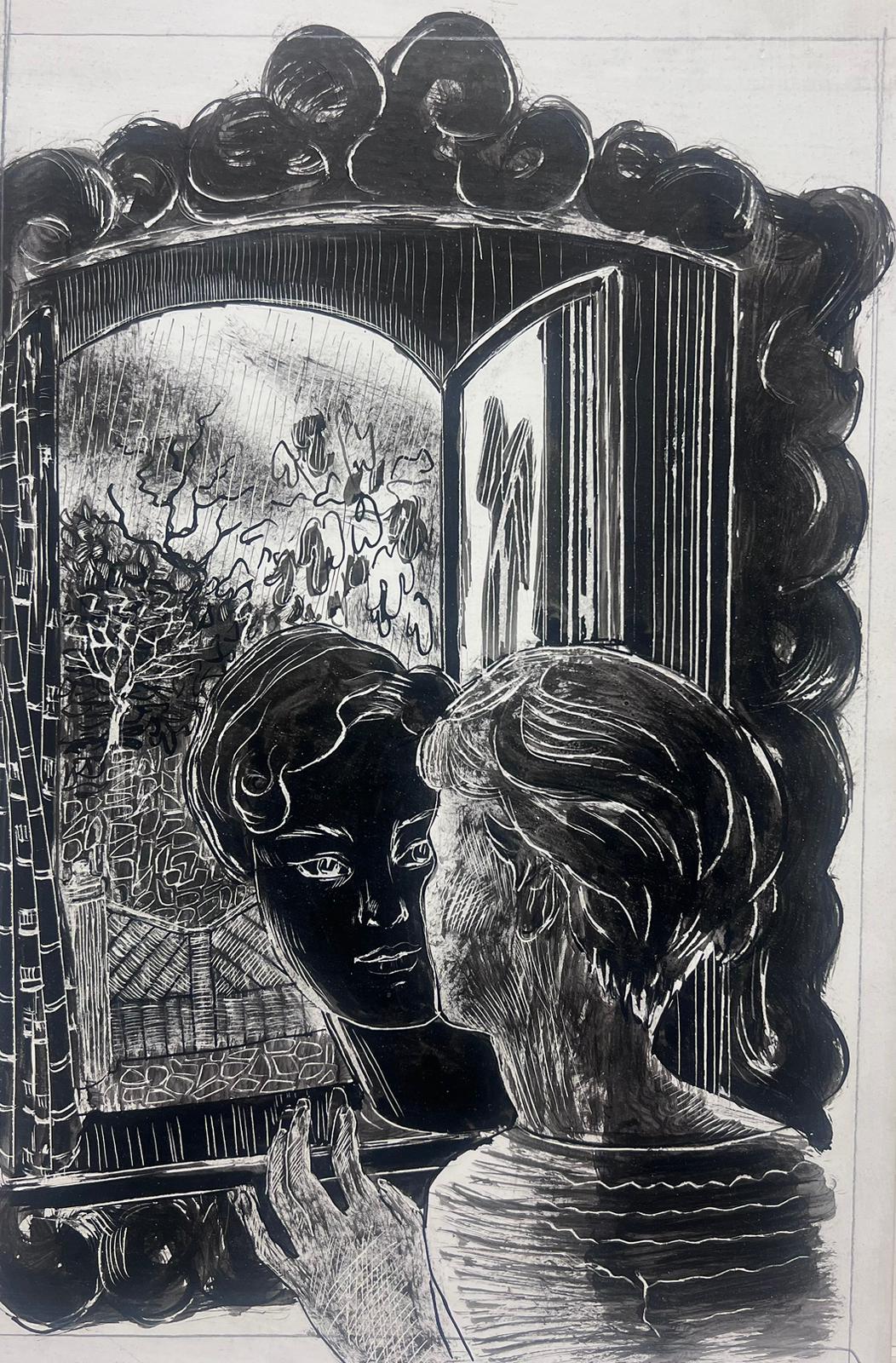 Donna francese del 1950 che si specchia Illustrazione a penna e inchiostro - Painting di Josine Vignon