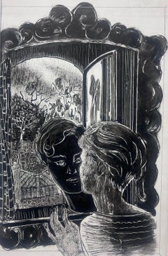 Französische Frau aus den 1950er Jahren, die in einen Spiegel blickt Eine Illustration mit Feder und Tinte