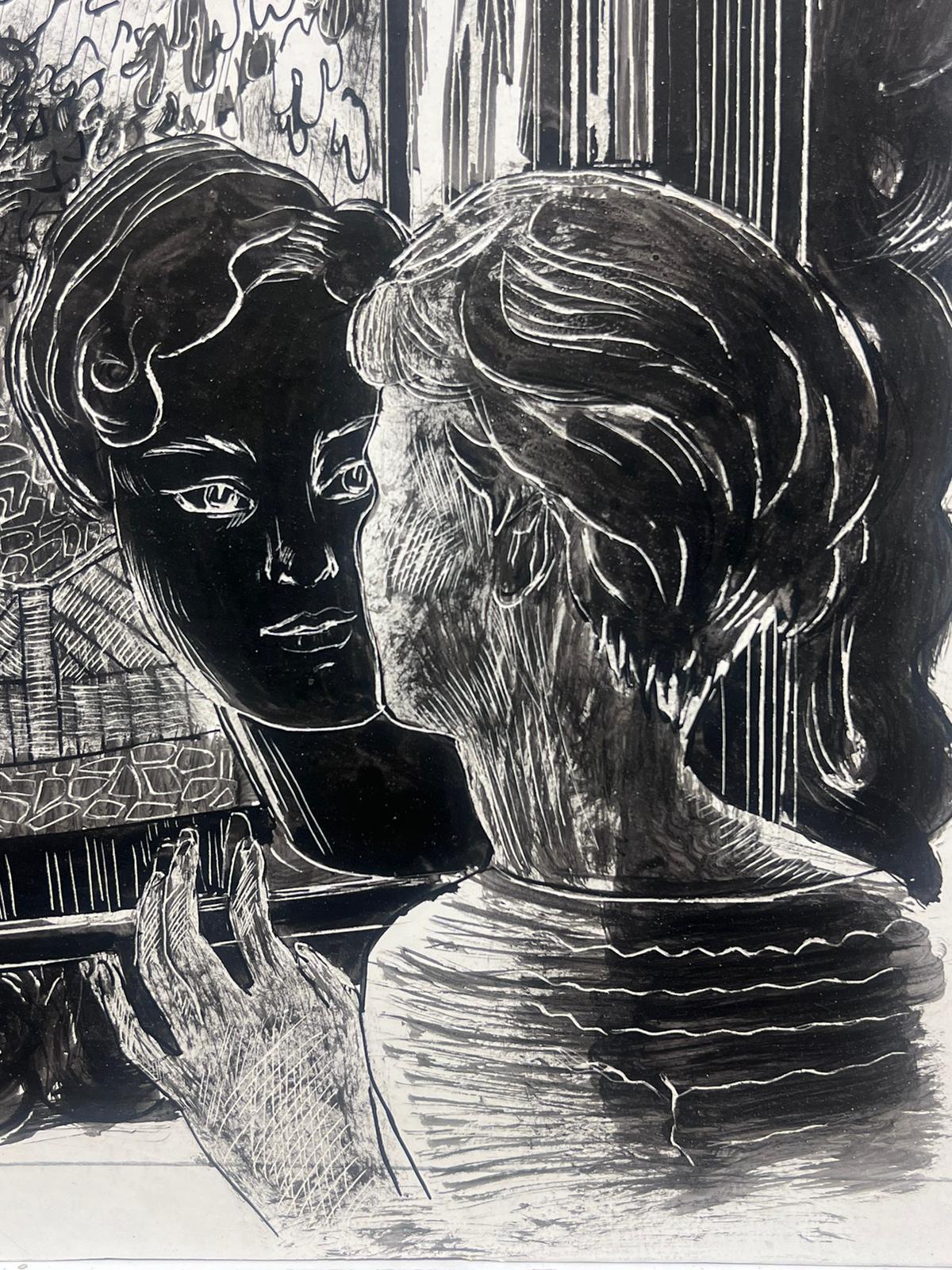 Donna francese del 1950 che si specchia Illustrazione a penna e inchiostro - Interior Painting Nero di Josine Vignon