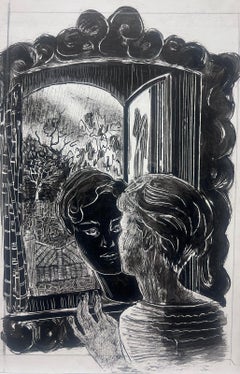 Donna francese del 1950 che si specchia Illustrazione a penna e inchiostro