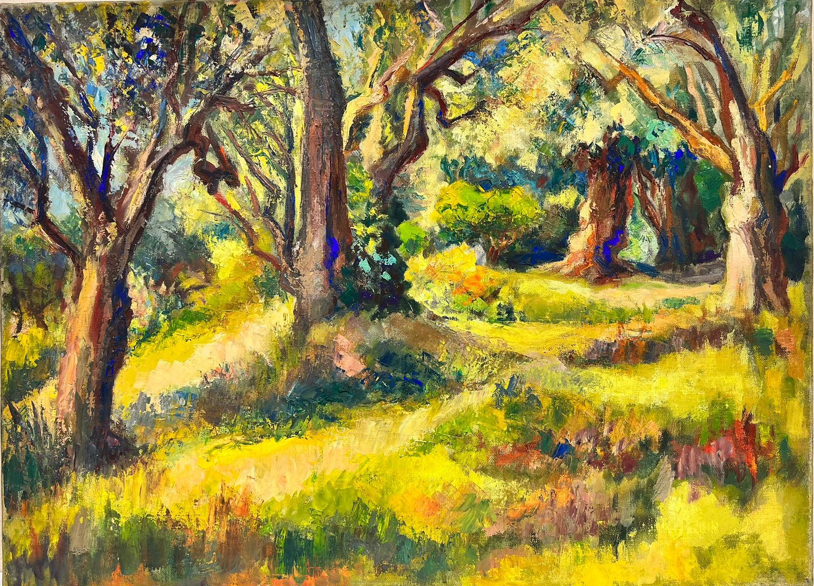 Grand tableau à l'huile post-impressionniste français « Summer in the Woods Green Fields » des années 1950