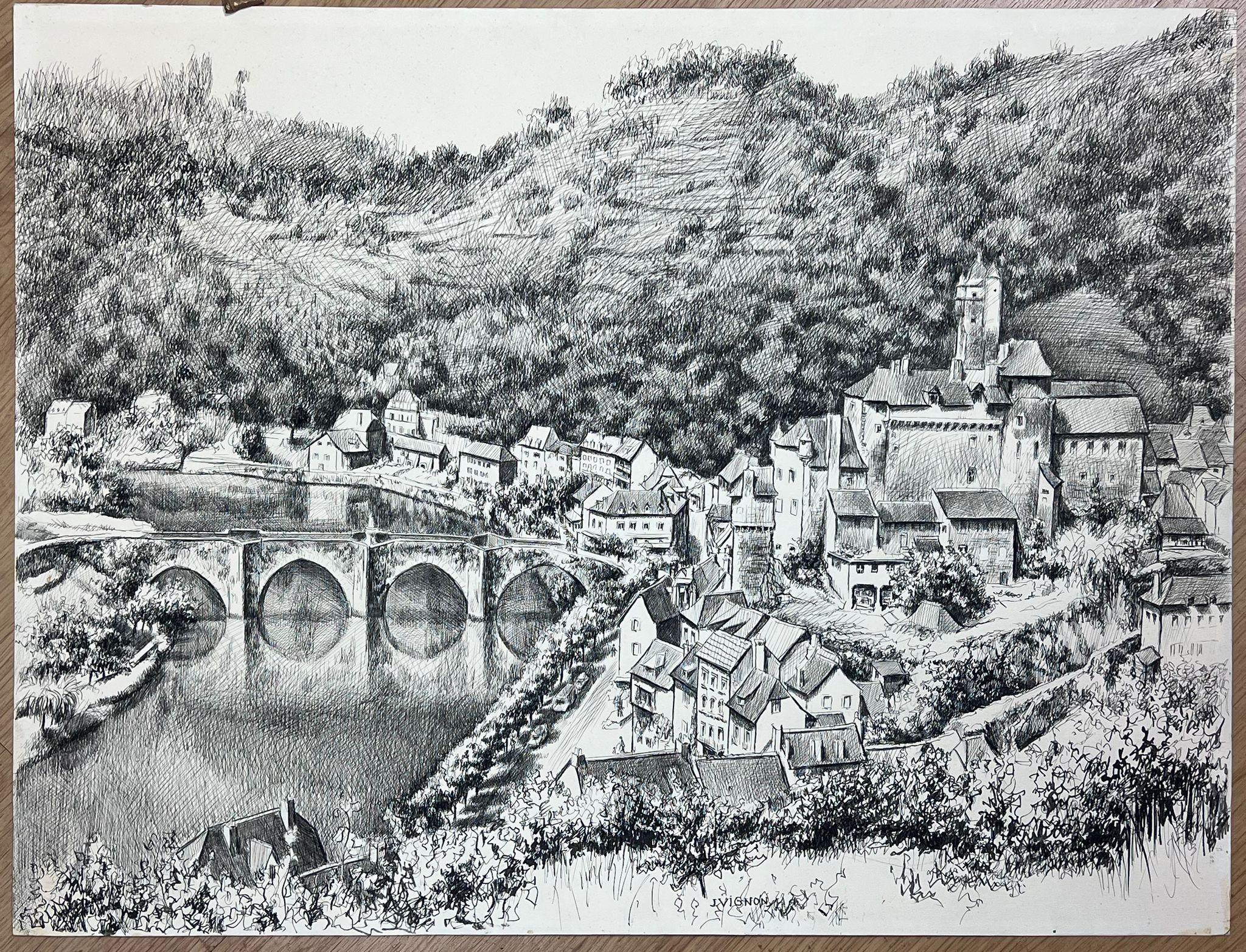 1950s Post Impressionist Landscape Black & White Drawing, Estaing Aveyron France For Sale 1