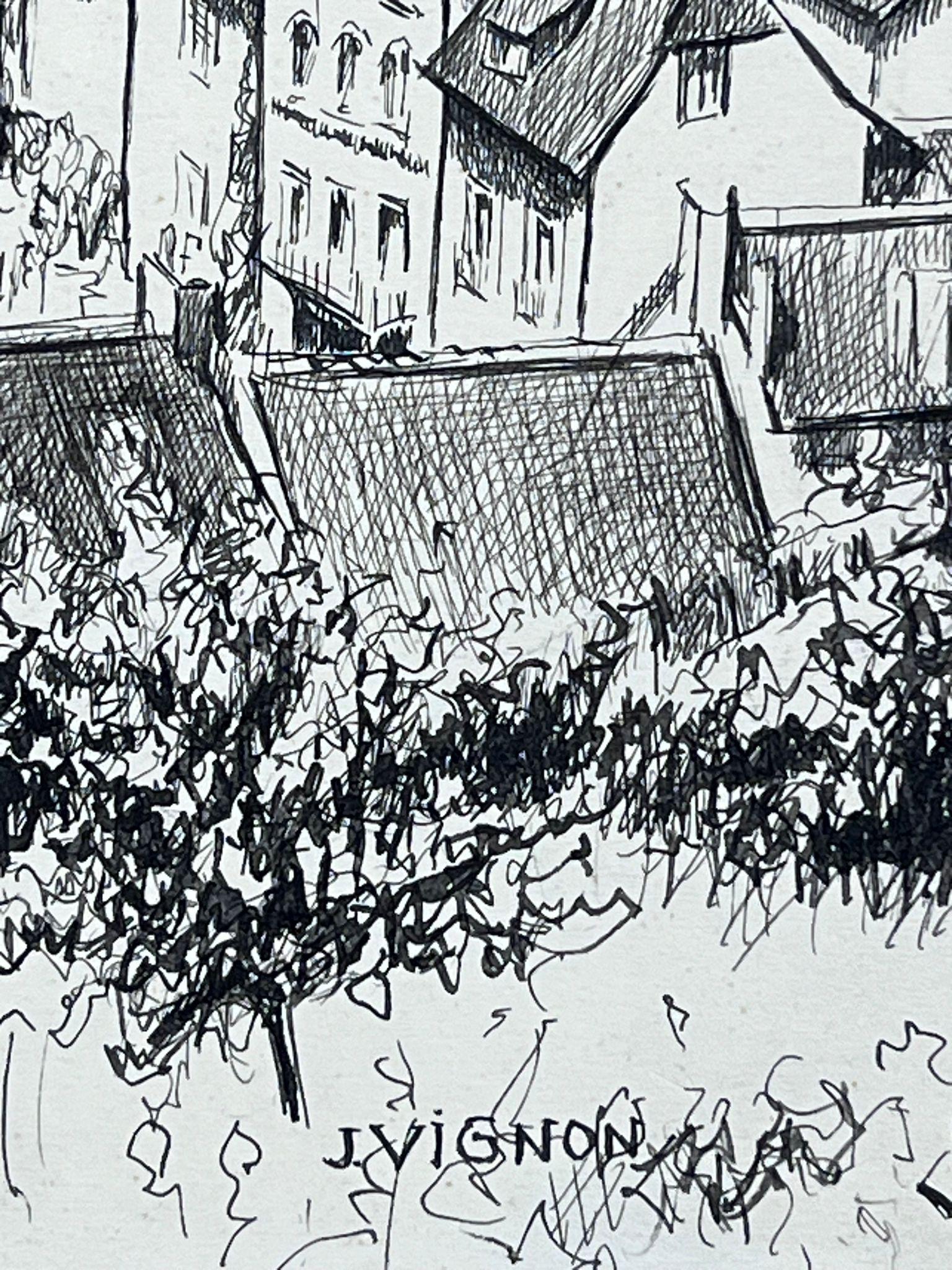 1950s Post Impressionist Landscape Black & White Drawing, Estaing Aveyron France For Sale 3