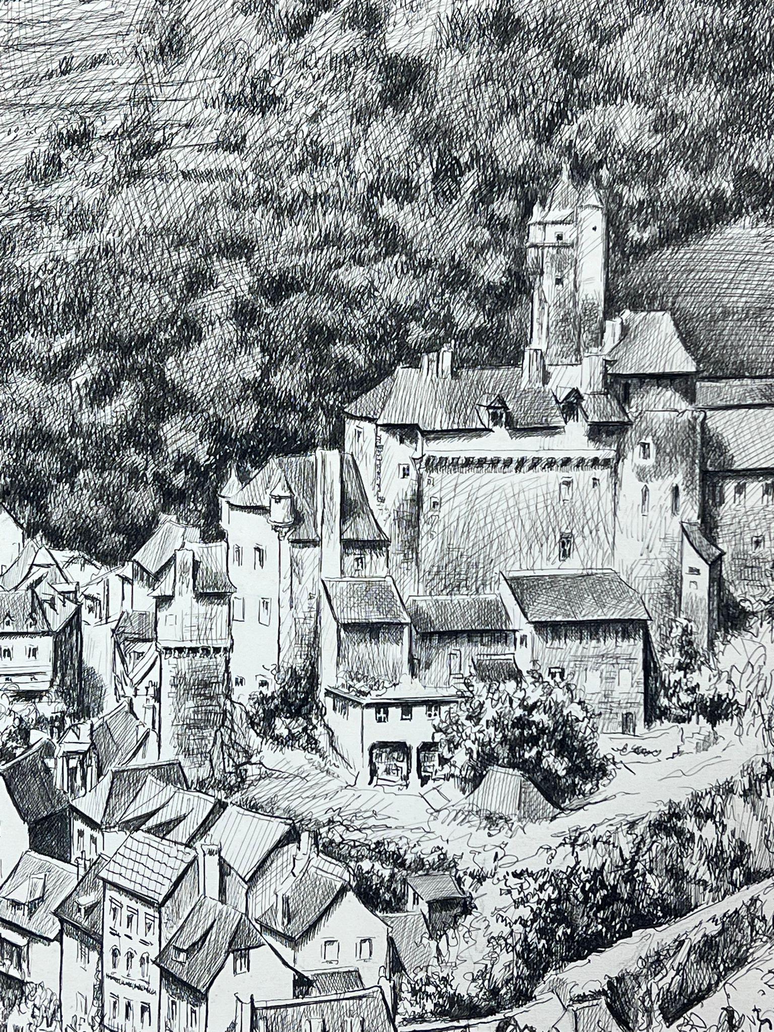 1950s Post Impressionist Landscape Black & White Drawing, Estaing Aveyron France For Sale 4