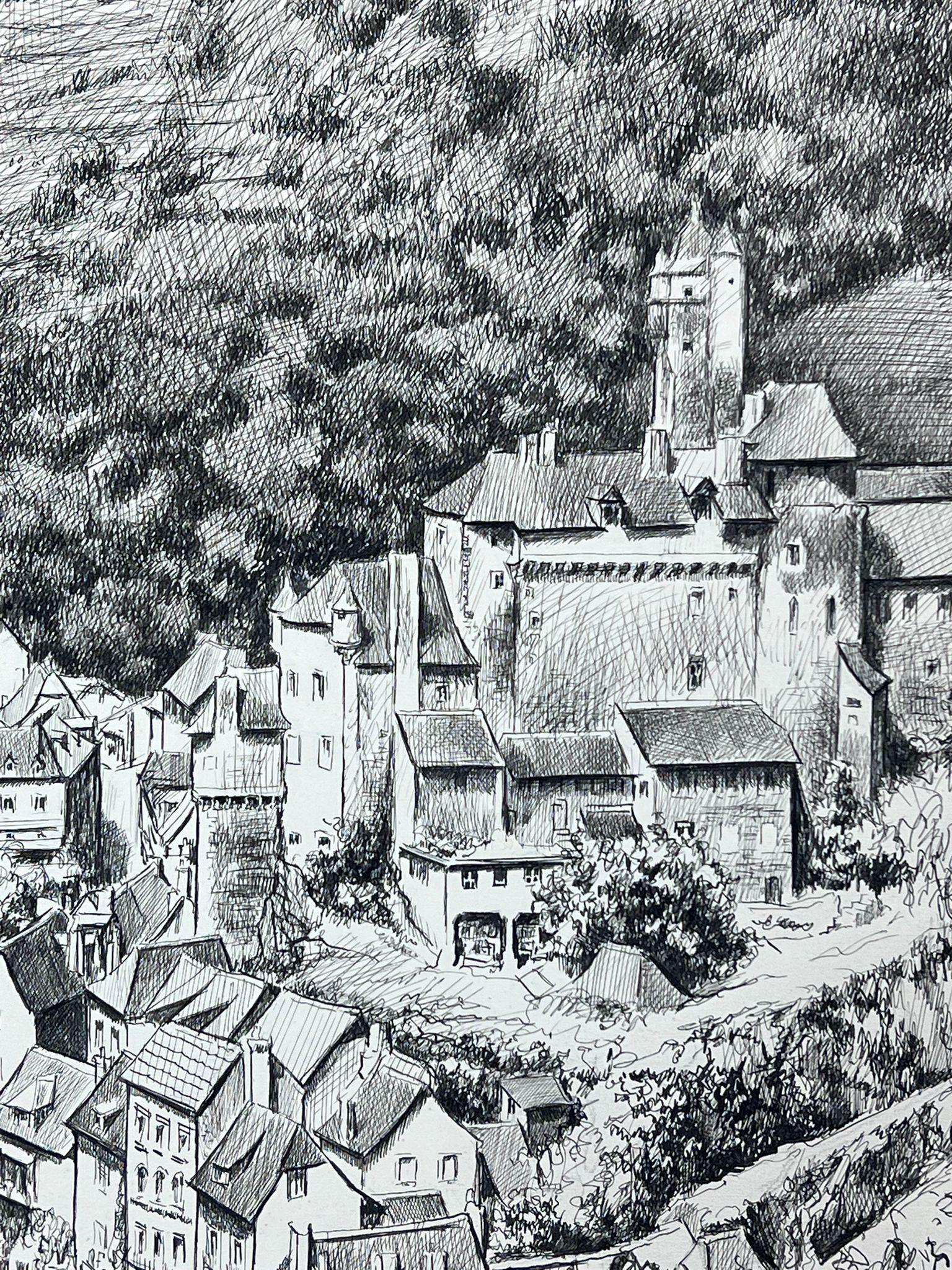 1950er Jahre Post Impressionist Landschaft Schwarz-Weiß-Zeichnung, Estaing Aveyron Frankreich im Angebot 2