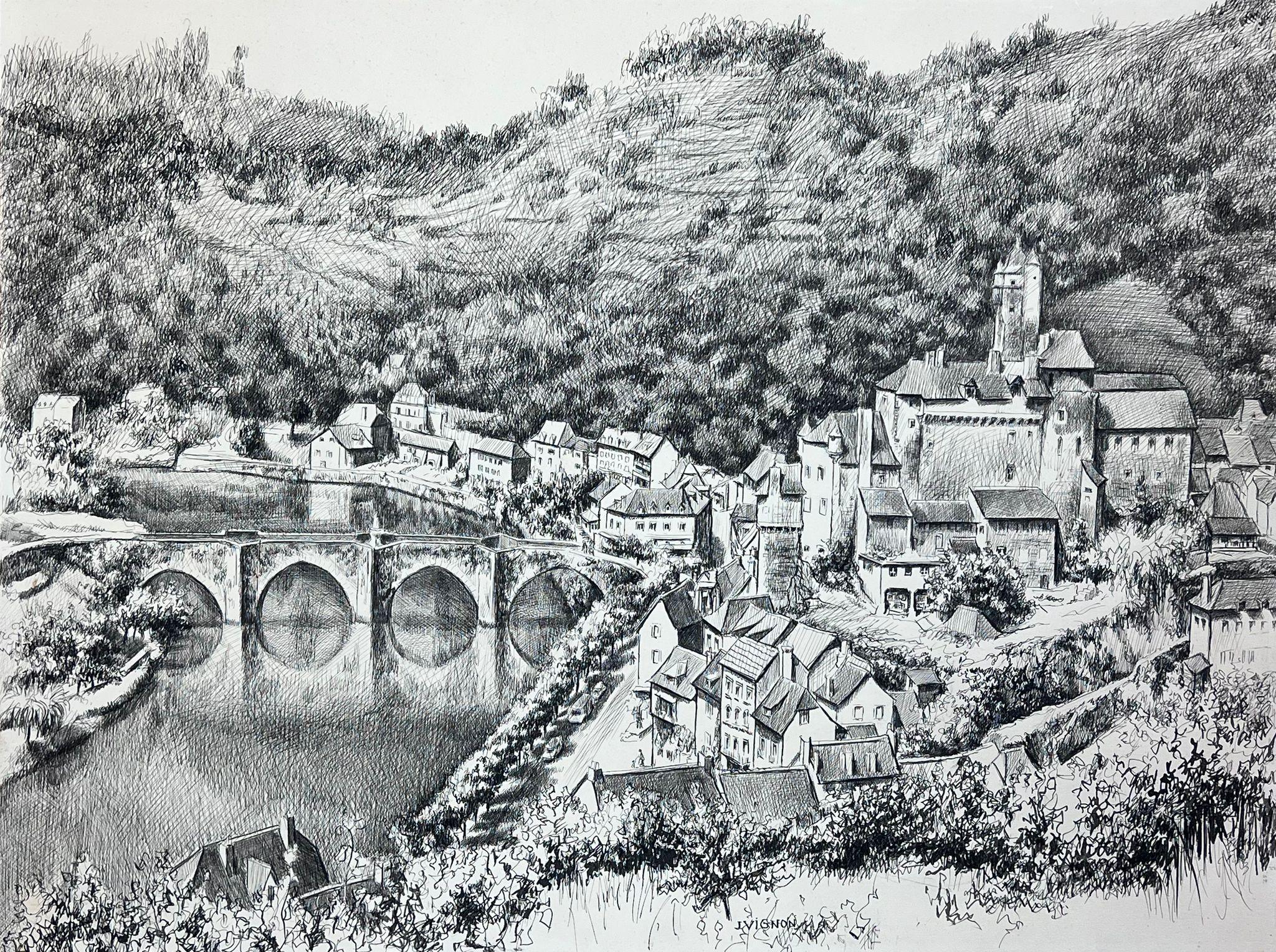 Josine Vignon Landscape Painting - 1950s Post Impressionist Landscape Black & White Drawing, Estaing Aveyron France