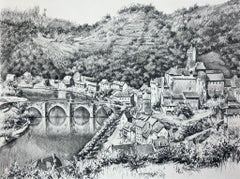 1950er Jahre Post Impressionist Landschaft Schwarz-Weiß-Zeichnung, Estaing Aveyron Frankreich