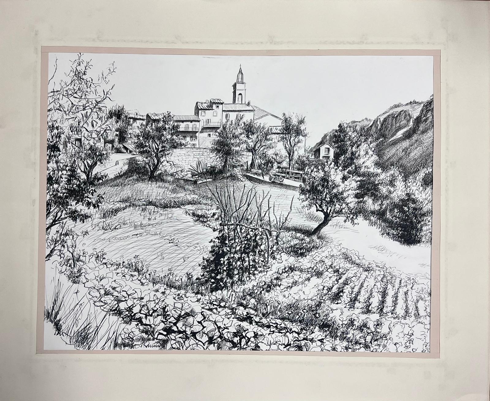 1950s Post Impressionist Landscape Ink Drawing Provence Village Garden Grove - Painting by Josine Vignon