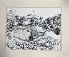 1950s Post Impressionist Landscape Ink Drawing Provence Village Garden Grove
