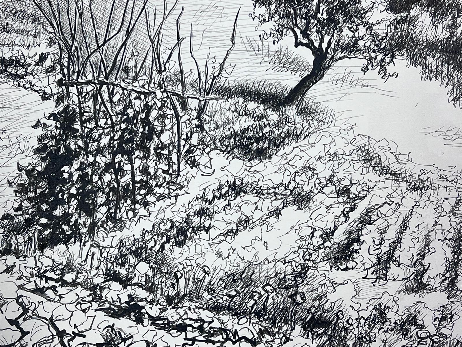 1950s Post Impressionist Landscape Ink Drawing Provence Village Garden Grove For Sale 2