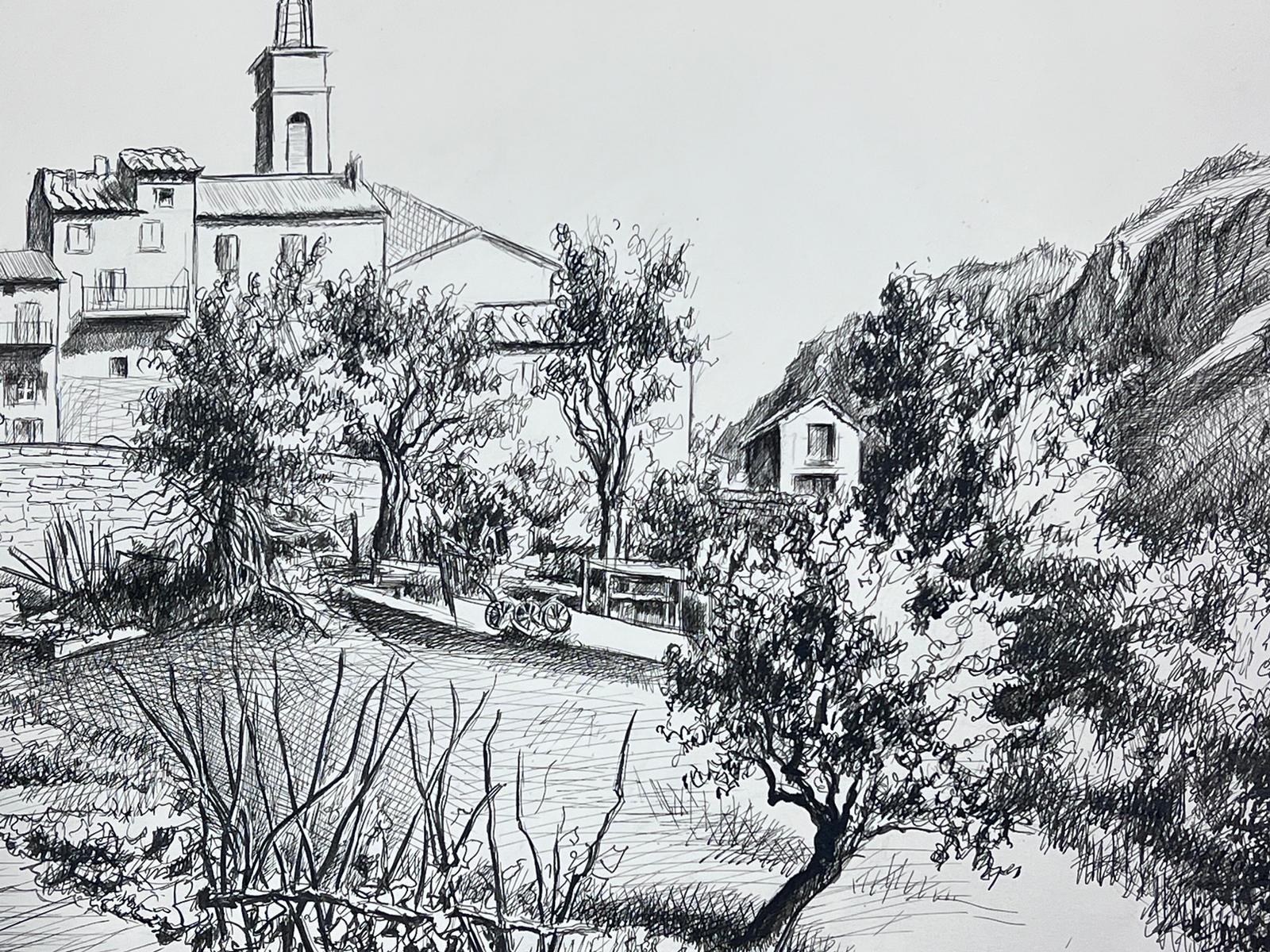 1950s Post Impressionist Landscape Ink Drawing Provence Village Garden Grove For Sale 3