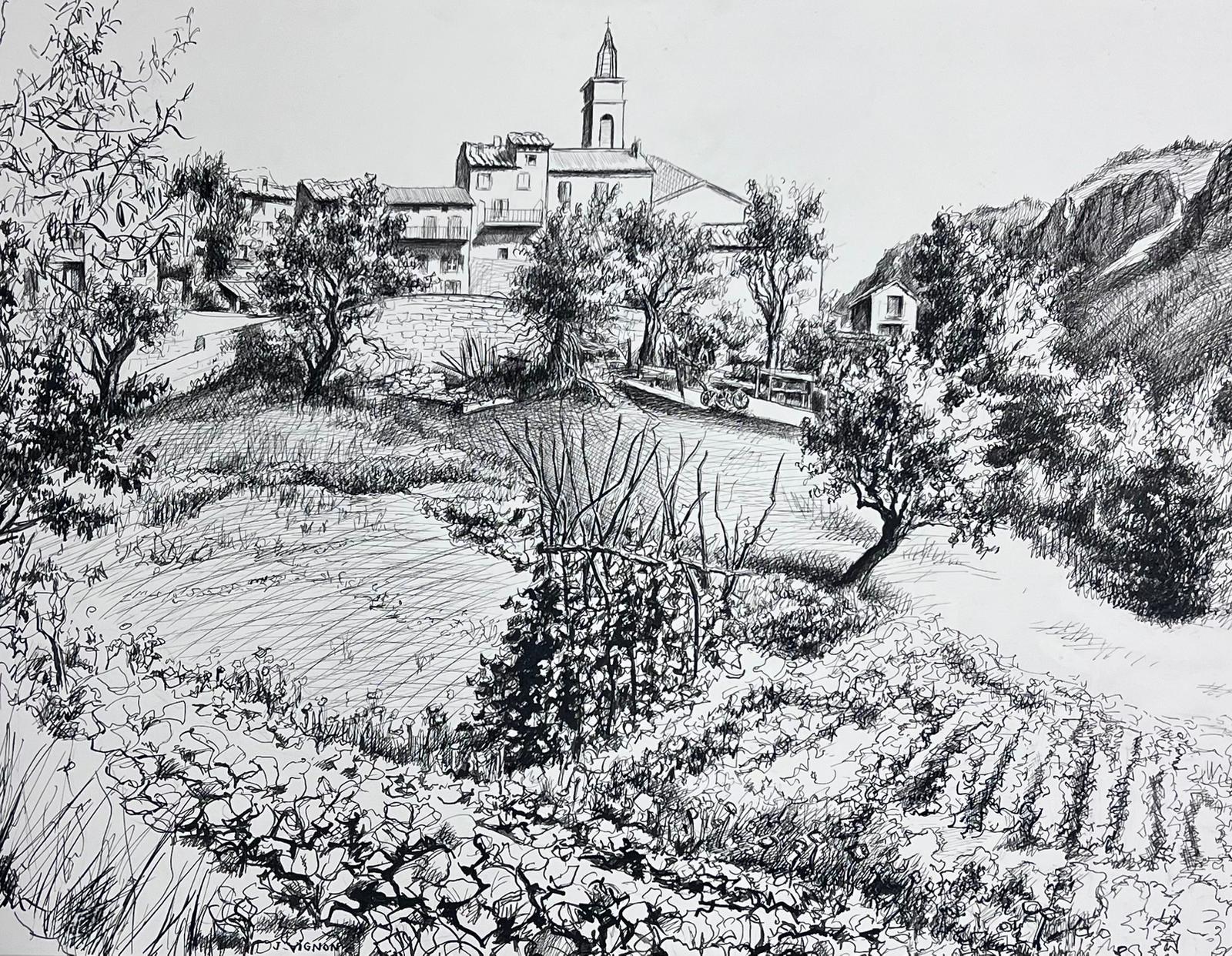 1950s Post Impressionist Landscape Ink Drawing Provence Village Garden Grove
