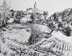 1950s Post Impressionist Landscape Ink Drawing Provence Village Garden Grove