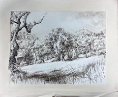 1950s Post Impressionist Landscape Sepia Color Drawing French Hills Over Village