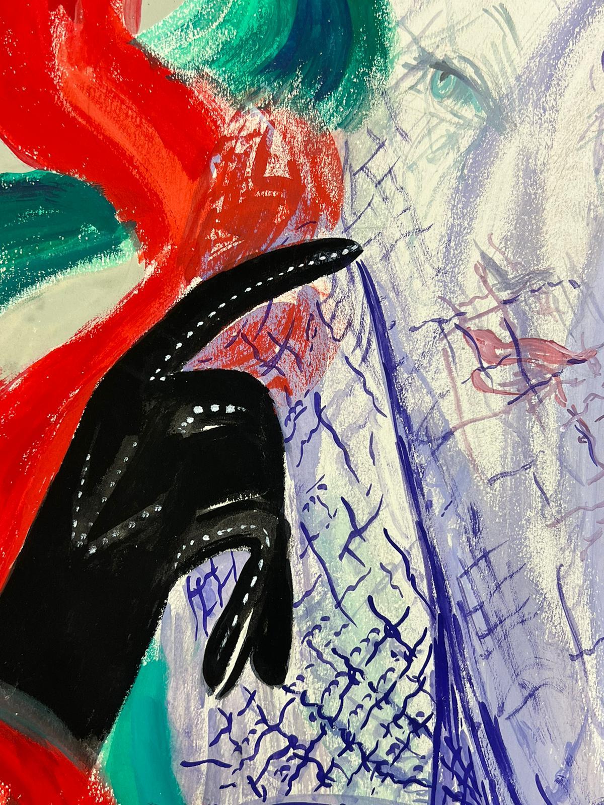 Abstrakte Zeichnung einer farbenfrohen Porträt einer Dame mit schwarzen Handschuhen aus den 1960er Jahren – Painting von Josine Vignon