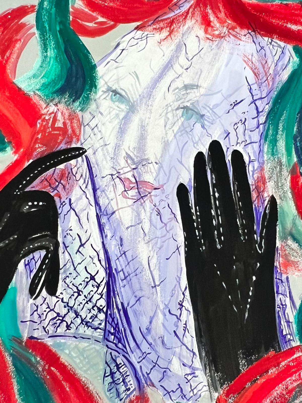 1960's Abstract Drawing Of A Colorful Portrait Of A Lady Wearing Black Gloves  - Post-Impressionist Painting by Josine Vignon