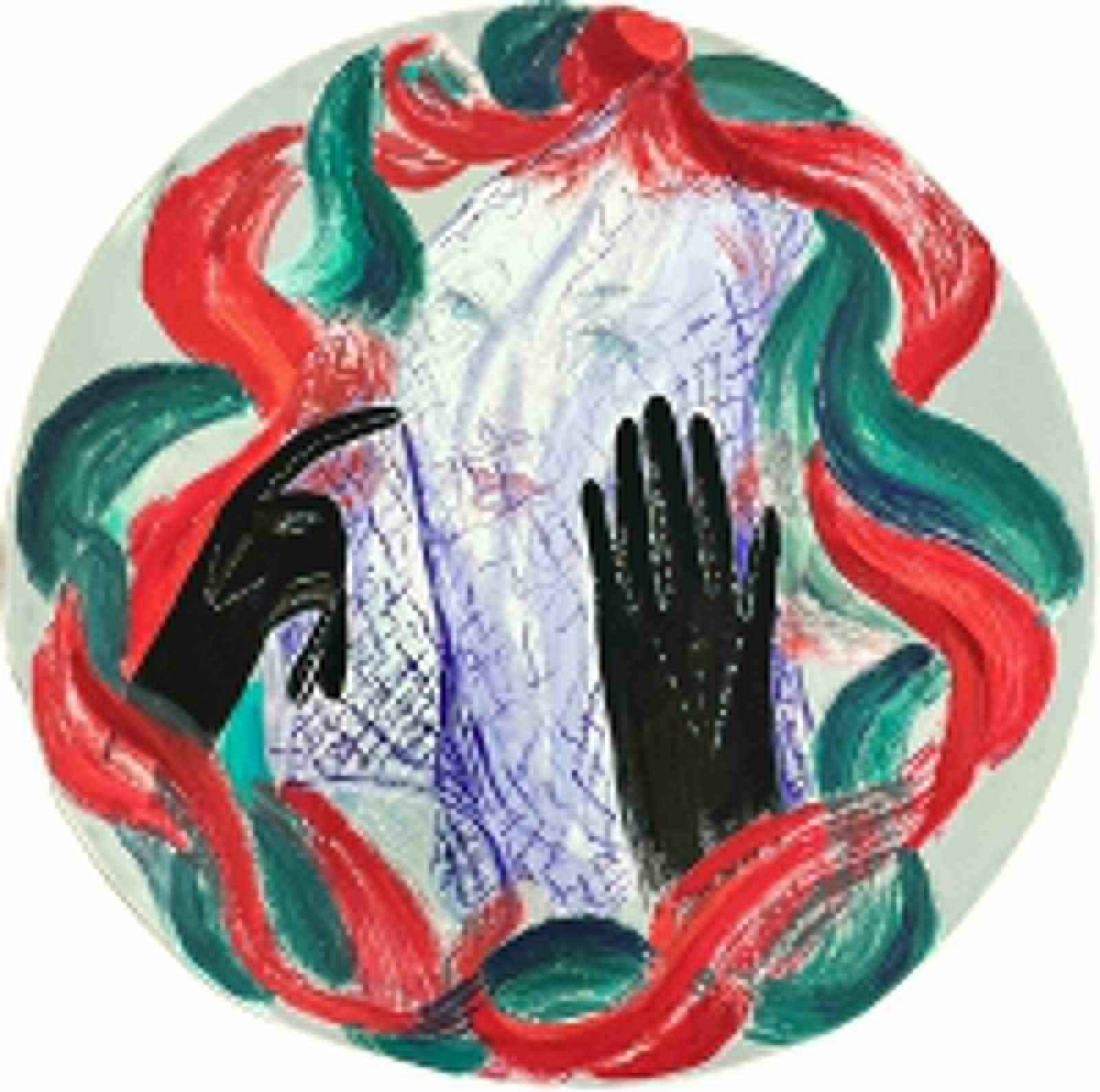Dessin abstrait d'un portrait coloré d'une femme portant des gants noirs, années 1960 