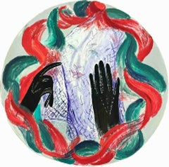1960's Abstract Drawing Of A Colorful Portrait Of A Lady Wearing Black Gloves 