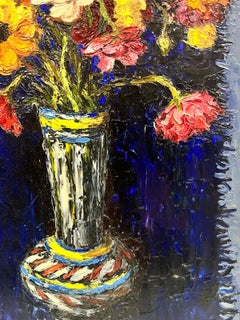 Vase de l'expressionniste français des années 1960, signé, à l'huile, couleurs chaudes et chaudes