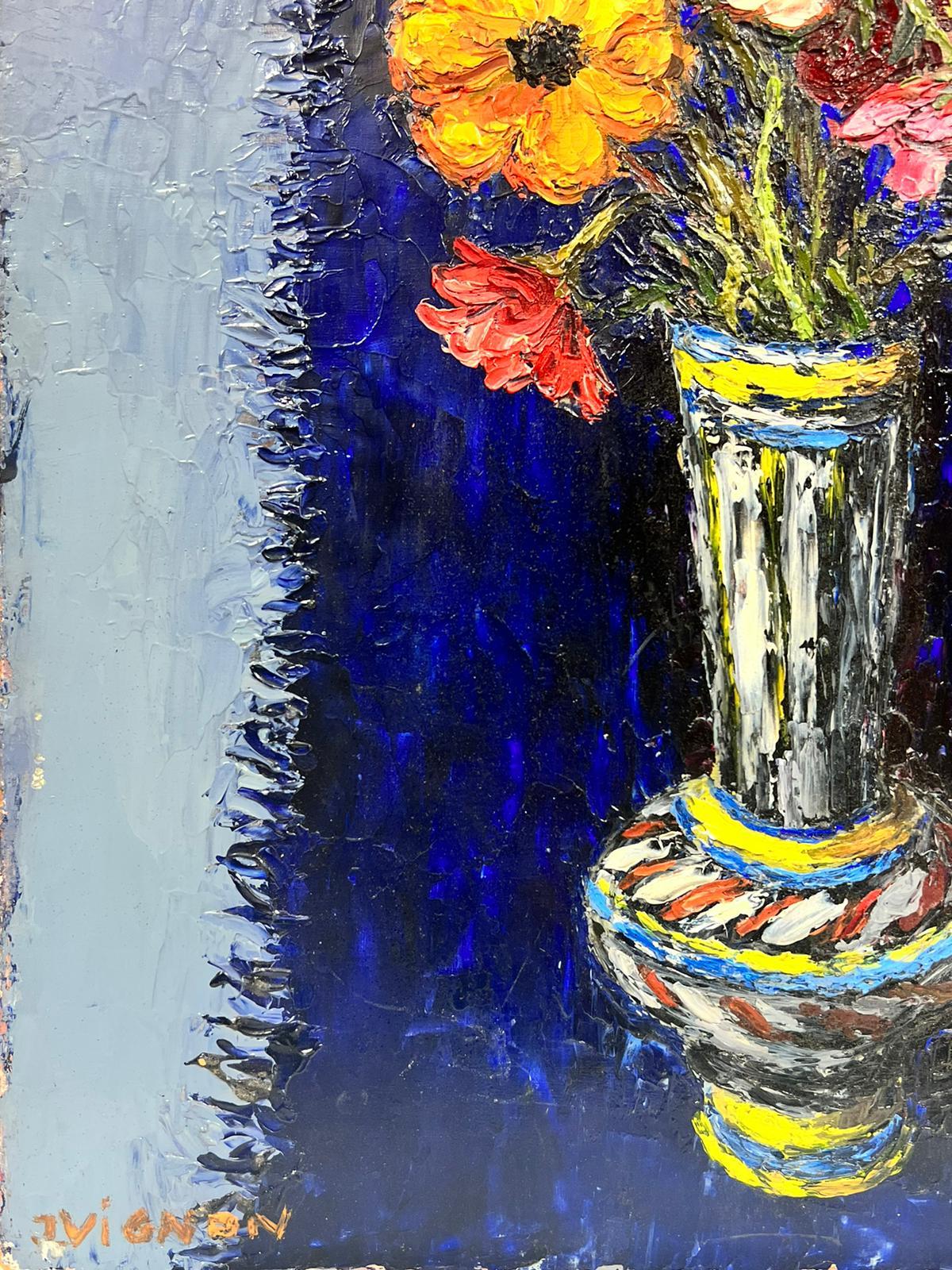1960's French Expressionist Signed Oil Bright Warm Colors Flowers in Vase - Post-Impressionist Painting by Josine Vignon