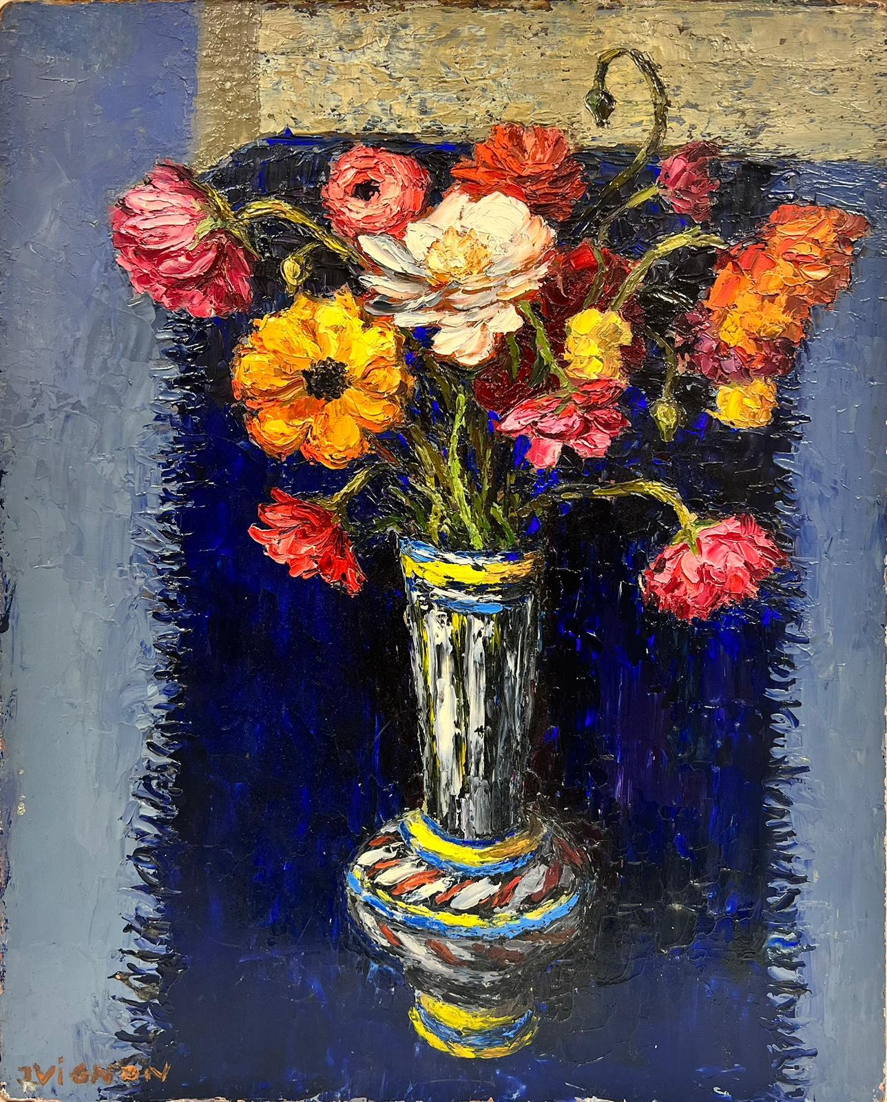 Josine Vignon Still-Life Painting - 1960's French Expressionist Signed Oil Bright Warm Colors Flowers in Vase