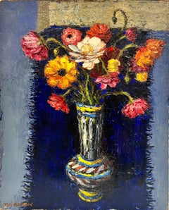 Vintage 1960's French Expressionist Signed Oil Bright Warm Colors Flowers in Vase