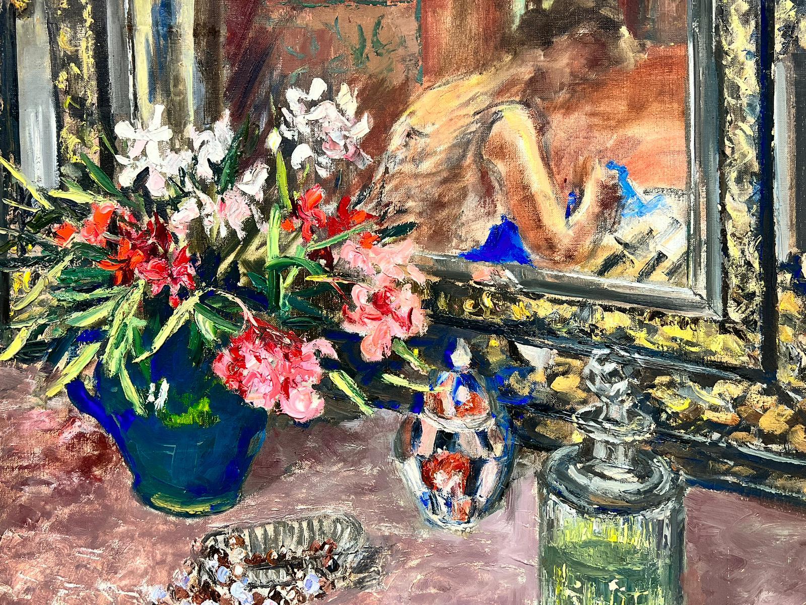 1960's French Interior Scene Lady Reflection in Window Sewing Still Life Flowers For Sale 1
