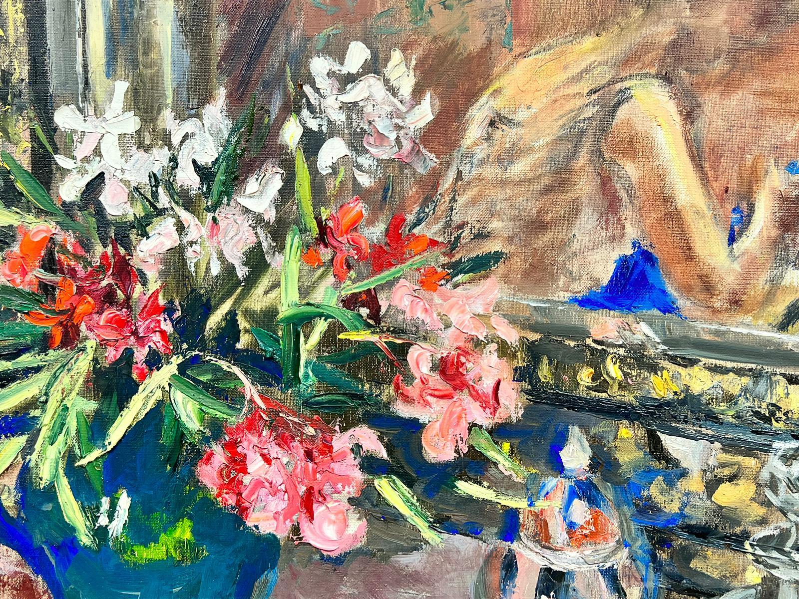 1960's French Interior Scene Lady Reflection in Window Sewing Still Life Flowers For Sale 2