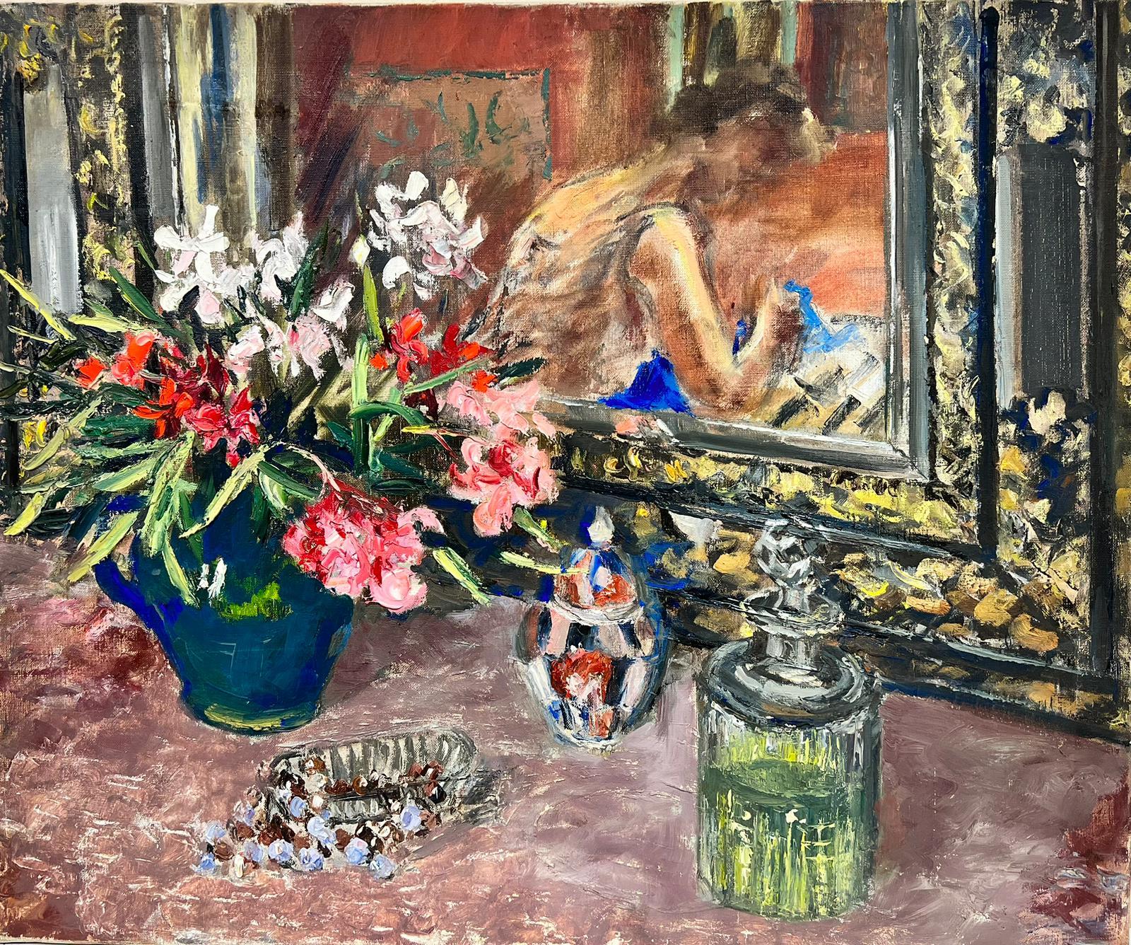 1960's French Interior Scene Lady Reflection in Window Sewing Still Life Flowers