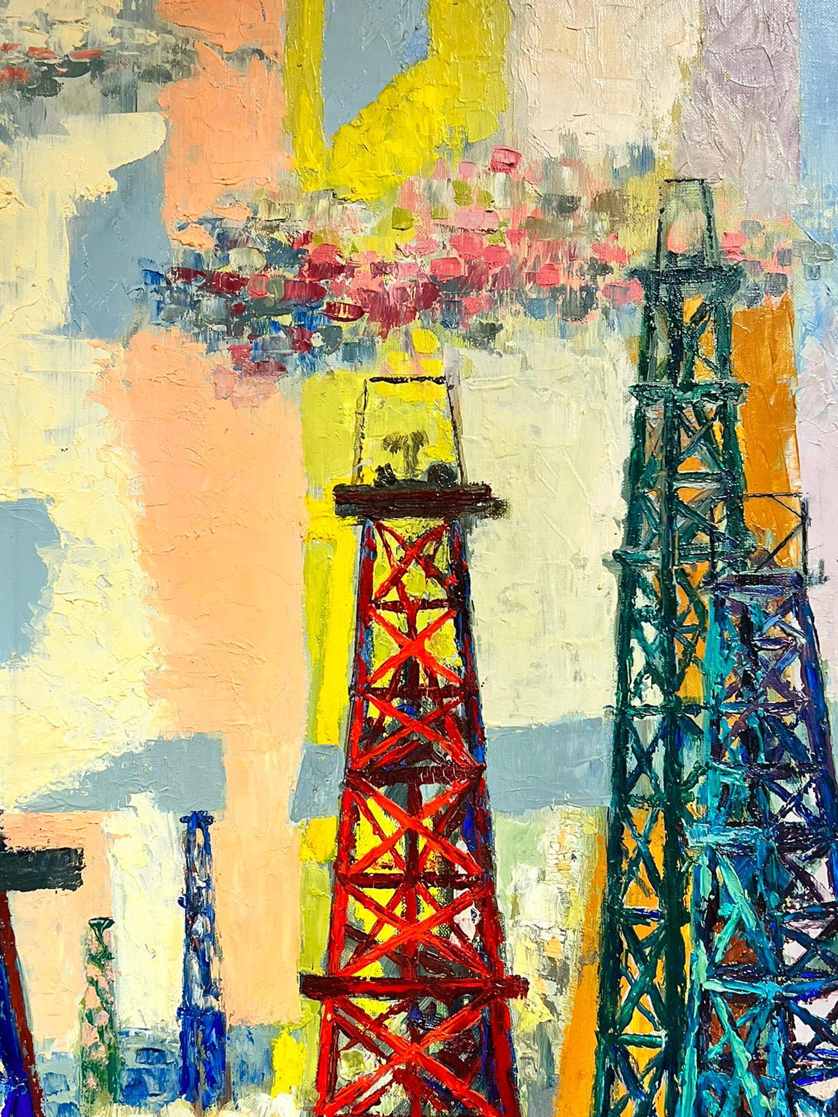 1960 Modernista francés Gran óleo Paisaje industrial colorido Mástiles - Painting de Josine Vignon