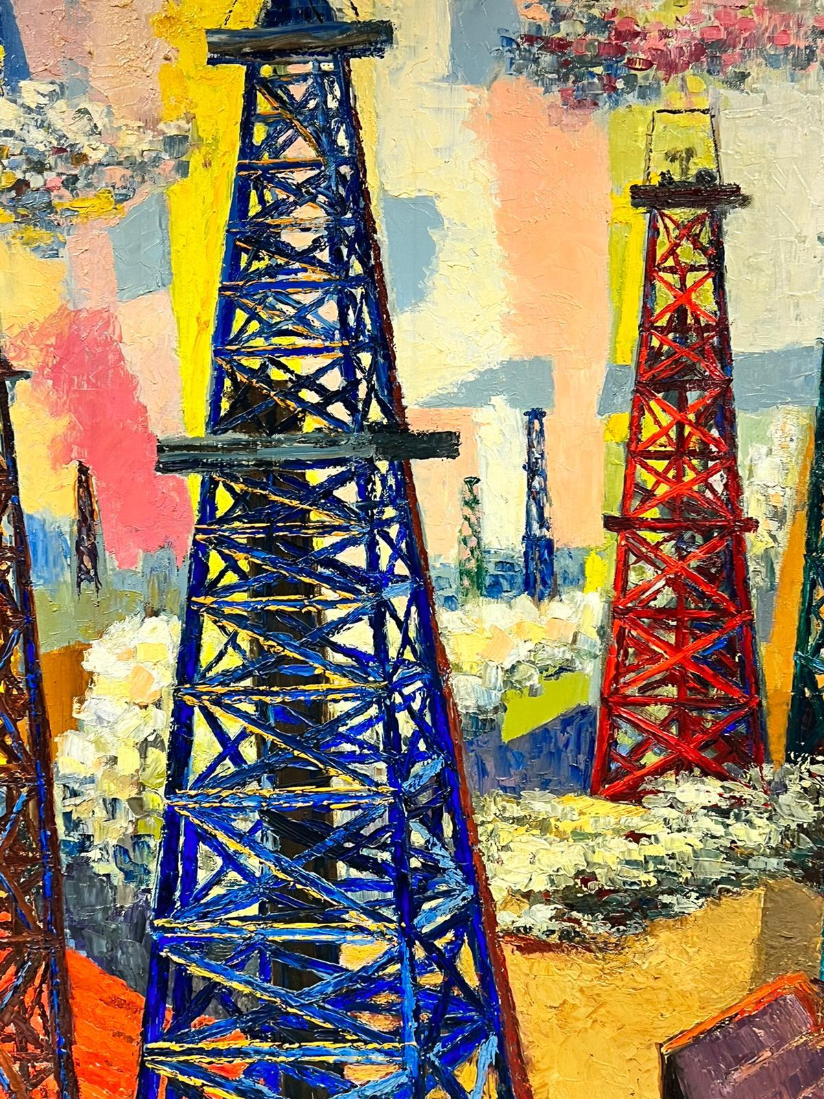 1960 Modernista francés Gran óleo Paisaje industrial colorido Mástiles - Painting Posimpresionista de Josine Vignon