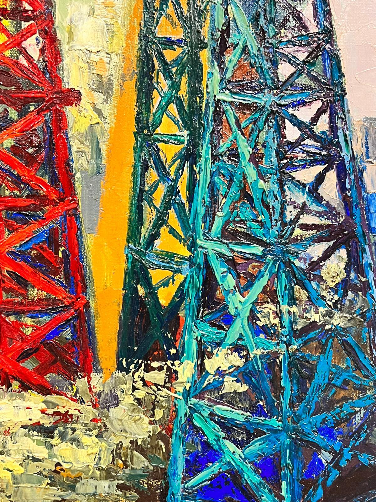 1960’s French Modernist Large Oil Colorful Industrial Landscape Masts For Sale 1