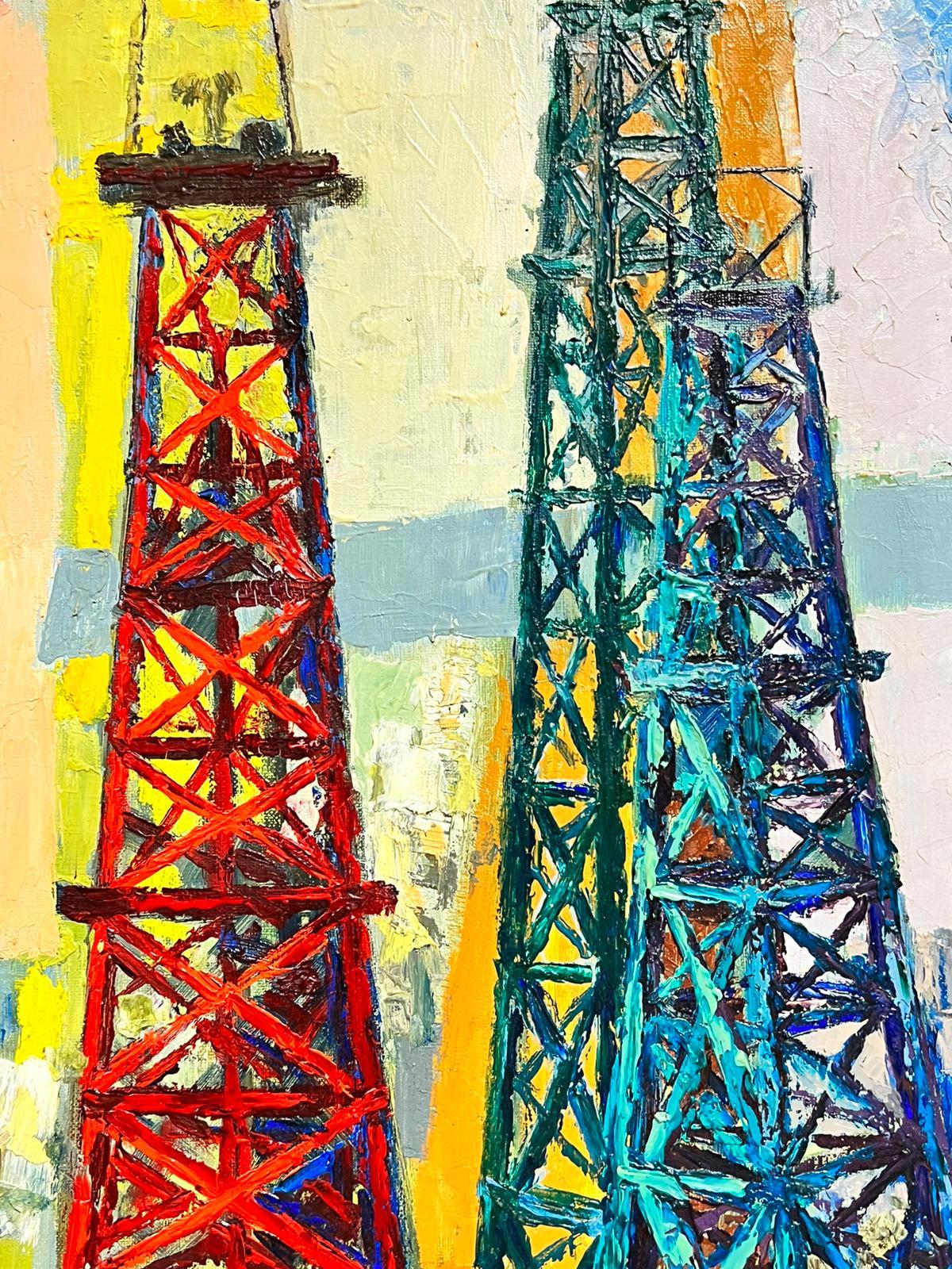 1960’s French Modernist Large Oil Colorful Industrial Landscape Masts For Sale 1