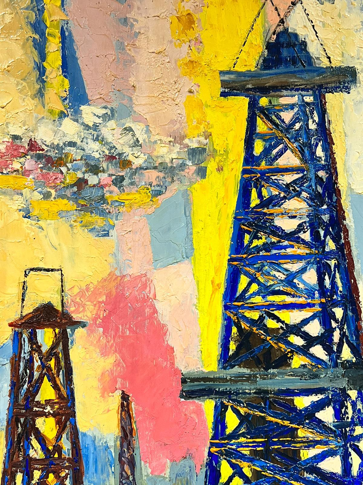 1960’s French Modernist Large Oil Colorful Industrial Landscape Masts For Sale 3