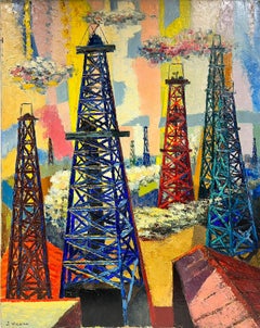 Grande huile moderniste française des années 1960 Paysage industriel coloré Mâts