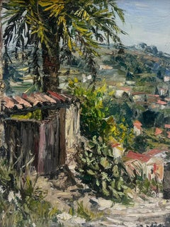 Pittura a olio francese del 1960 Esotica giornata estiva Cagnes Sur Mer Paesaggio
